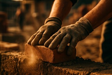Gloved Hands Pressing a Building Block with Warm Light