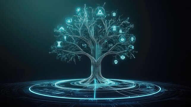 technology tree from a strategy game, rendered as a real, glowing, holographic tree, with branches representing different research paths and glowing icons for each technology, futuristic