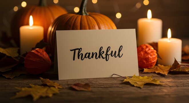 Cozy Autumn "Thankful" Card with Pumpkins, Lit Candles, and Fall Leaves. Thanksgiving Gratitude Concept.