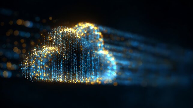Dynamic digital cloud glowing with gold and blue light, symbolizing secure data transfer and innovative technology solutions for your business needs - Powered by Adobe
