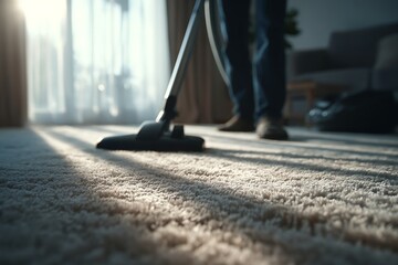 Person vacuuming carpet in a sunny home living room