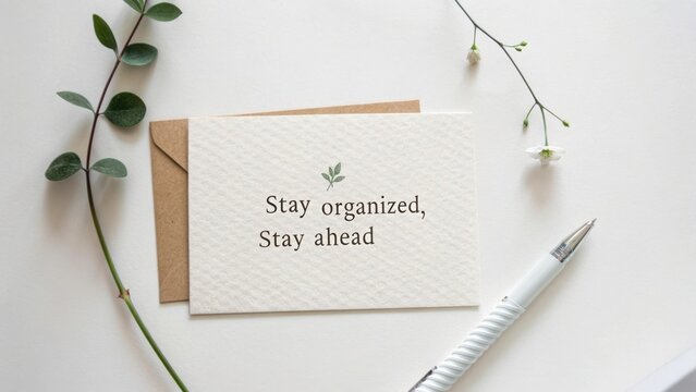 Elegant desk setup with motivational card, greenery accent, pen, and envelopes for organization and productivity inspiration