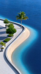 Striking Aerial View Of A Resort Pool With Blue Water And Sandy Beach Lined With Palm Trees And Green Bushes Under Bright Sunlight