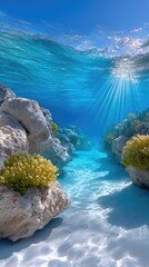 Sun Rays Penetrating Crystal Clear Blue Underwater Ocean With Sandy Seabed And Colorful Corals And Rocky Formations