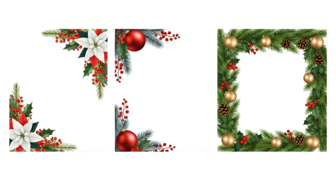 Collection of festive christmas corner and square frame decorations with poinsettias, holly, berries, pine cones, and red baubles, isolated on transparent background