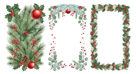 Assortment of christmas and winter holiday decorative elements including a pine branch arrangement, eucalyptus garland, and a festive border, isolated on transparent background