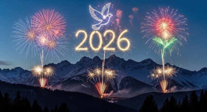 Celebrate 2026 with vibrant fireworks and hopeful dove over snowy mountain landscape, perfect for New Year's designs and festive event promotions