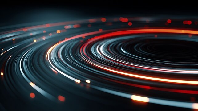 Dynamic abstract motion blur of swirling light trails in dark futuristic tunnel, representing speed and data flow