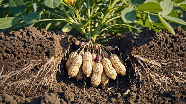 Peanut plant in soil Cluster of peanuts hanging underneath plant Dirt and roots are visible