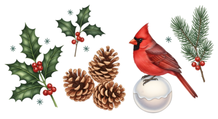 Red cardinal bird perched on a snowball with holly and pine cones, isolated on transparent background