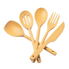 Wooden kitchen utensils set isolated on transparent background for cooking food