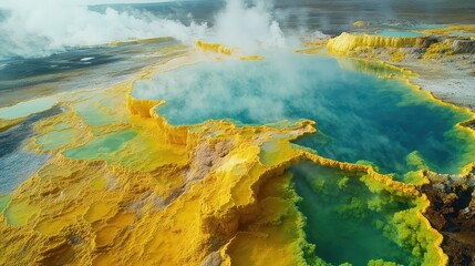 The Danakil Depression in Ethiopia, a surreal landscape of neon-yellow and green sulfur springs, salt flats, and steaming geysers, otherworldly and toxic beauty, hyper-detailed, drone shot.