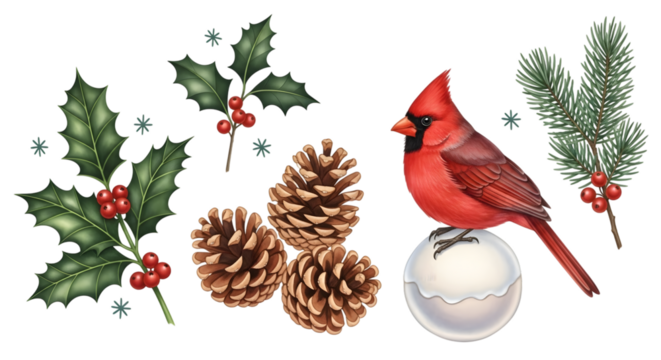 Red cardinal bird perched on a snowball with holly and pine cones, isolated on transparent background - Powered by Adobe