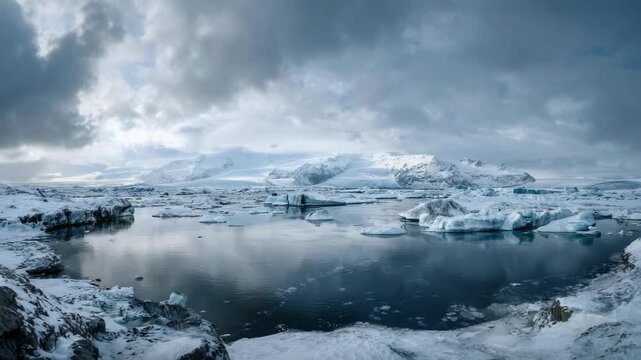 Snow-covered arctic landscape with a glacial lagoon, ice floes and distant icebergs under a cloudy blue-gray sky.