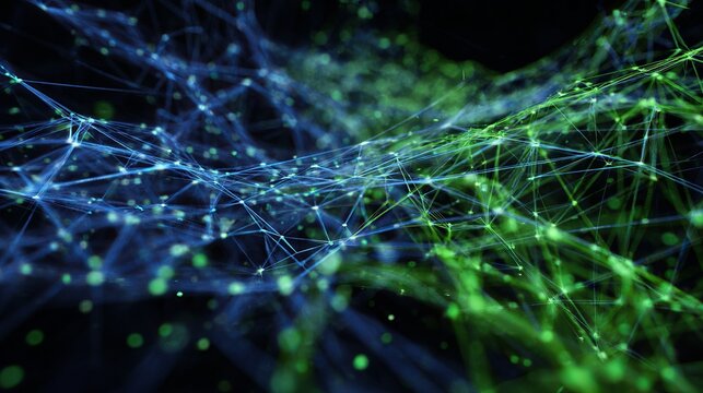 Vibrant digital network with glowing nodes and connecting lines creating a futuristic abstract background for technology and data concepts