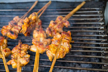 Grilled chicken on bamboo skewers over charcoal with smoke at outdoor grill.