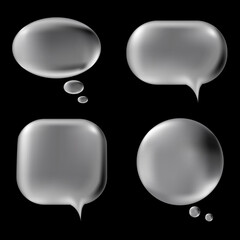3d y2k Chrome Speech Bubble set. Realistic vector illustration design. Balloon 3D style of thinking cloud symbol set. Metal, luxury, glossy, shiny, chat, dialogue, shape template.