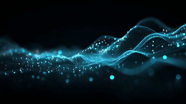 Dynamic blue digital network wave with glowing particles, representing technology and data flow