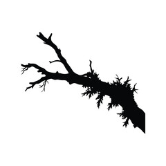 Dramatic silhouette of a fallen tree branch with sparse foliage in stark black and white, dead branch with moss silhouette vector illustration
