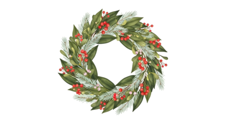 Christmas wreath with green leaves, white frosted pine branches, and red berries, isolated on transparent background