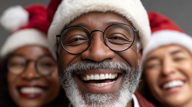 Colleagues gather at an office Christmas party, wearing Santa hats and sharing laughter. Their joyful expressions reflect the festive atmosphere and holiday cheer