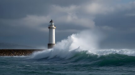 A dramatic lighthouse stands against crashing waves under a stormy cloudy sky