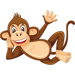 A Cheerful Brown Cartoon Monkey Waving Hello While Lounging on a Transparent Background with a Big Smile