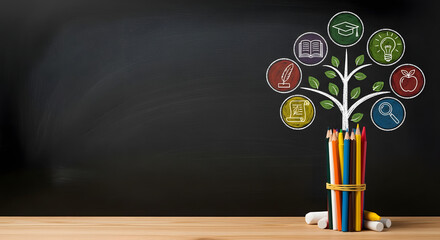 STEM and creative learning concept with pencils in a test tube and an idea map branching out on a chalkboard.