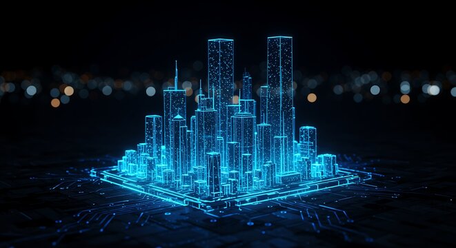 Futuristic Blue Digital Cityscape With Circuit Board Base And Bokeh Lights technology