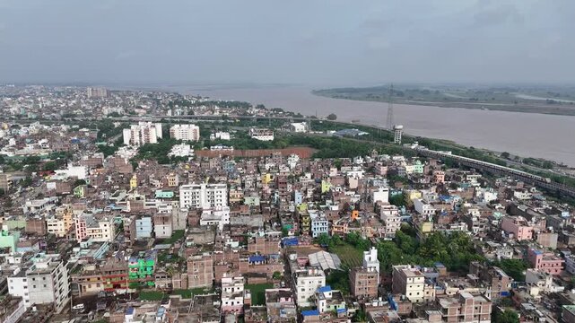 Evening view of Patna Marine Drive with JP Ganga Setu stretching across the Ganges in Bihar, India. A blend of modern infrastructure and riverside beauty, capturing city life, skyline, and tranquil wa