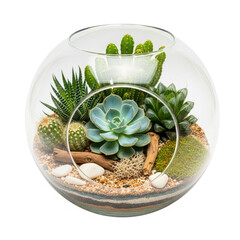 Succulent terrarium in glass bowl isolated on transparent background for decoration