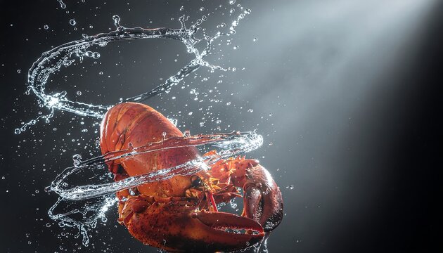 A cooked lobster surrounded by a dynamic, swirling water vortex and droplets against a dark background