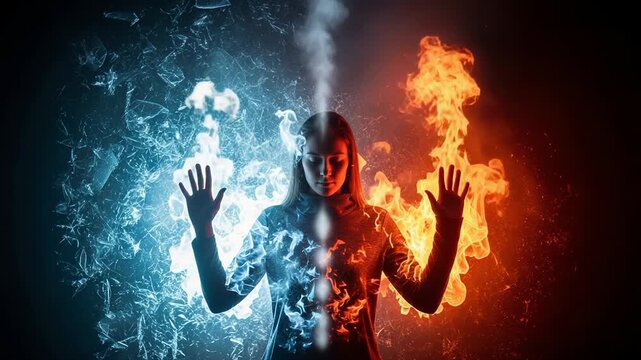Woman radiating duality controlling fire and ice elements with balanced energy and focused expression
