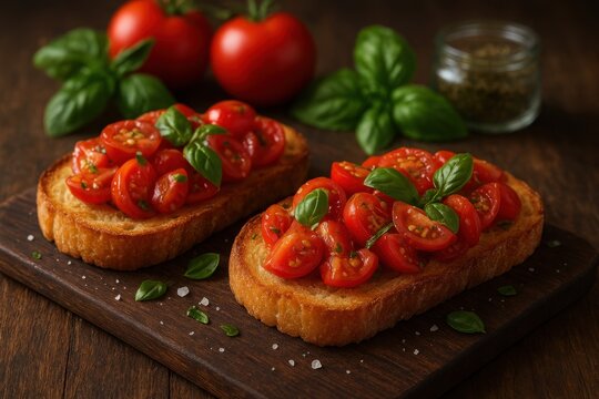 traditional Italian bruschetta topped with fresh cherry tomatoes and basil leaves on a rustic wooden board, illuminated by warm natural light, evoking the freshness and simplicity of Mediterranean cui