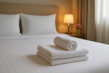 A neatly made hotel bed with folded white towels, soft lighting, and a bedside lamp creating a calm and inviting atmosphere in a modern, elegant room.