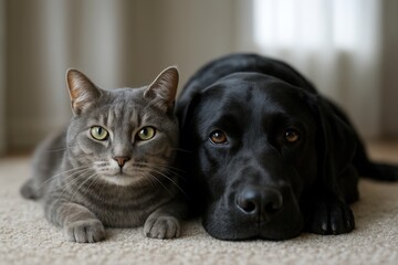 A realistic photo of a gray tabby cat and a black Labrador Retriever lying side by side on a light carpet, gazing calmly at the camera in a soft, naturally lit home interior.