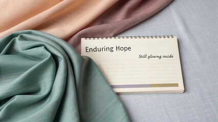 Soft Fabrics with Gentle Colors and Inspirational Notebook Showing Enduring Hope Message on Serene Background