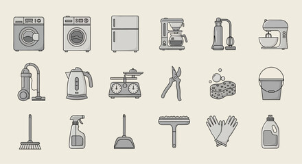 Set of household appliances icons simple line elements cleaning laundry and kitchen isolated on beige background