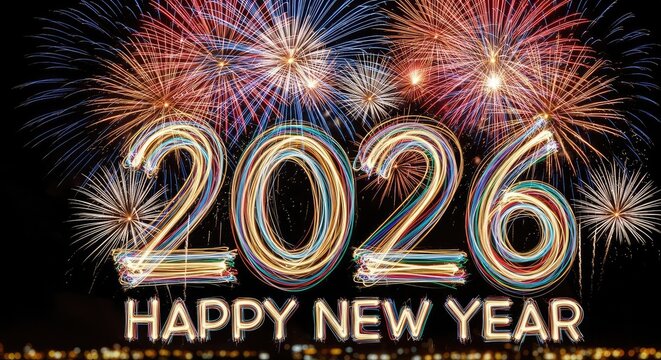 Celebrate the New Year 2026 with vibrant fireworks and light art, perfect for festive greetings and holiday promotions with a modern and joyful feel