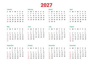  2027 calendar template. printable 2027 calendar. week start on sunday.