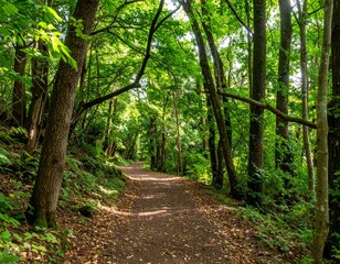 Natural forest path surrounded by dense trees and foliage creating serene green scenery