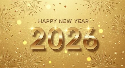 Happy New Year 2026 gold festive celebration with fireworks and confetti for elegant invitation or holiday greeting card design inspiration