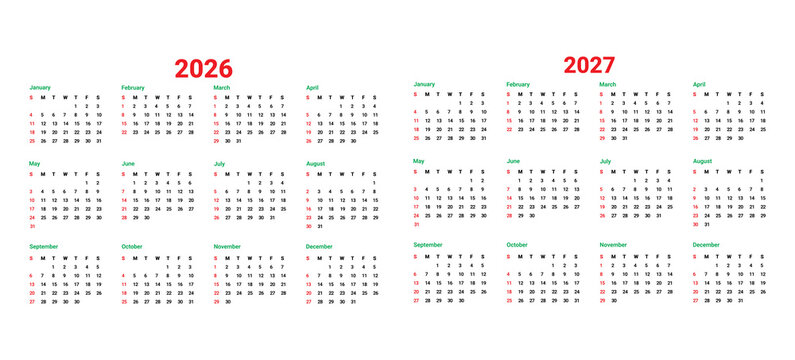 2026 & 2027 calendar template. printable calendar week start on sunday.