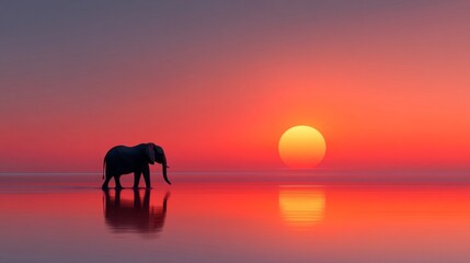 Fototapeta premium An elephant stands gracefully in calm water as the sun sets on the horizon, painting the sky in vibrant shades of orange and pink, reflecting on the surface below