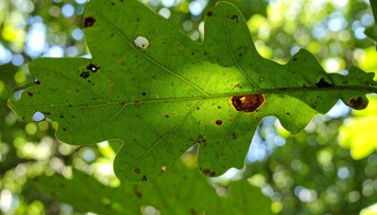 Oak leaf with round insect gall on underside in dappled summer forest light