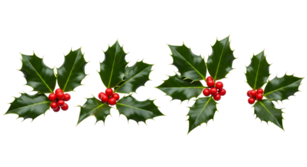 Sprigs of vibrant green holly leaves with bright red berries, a classic symbol of christmas, isolated on transparent background