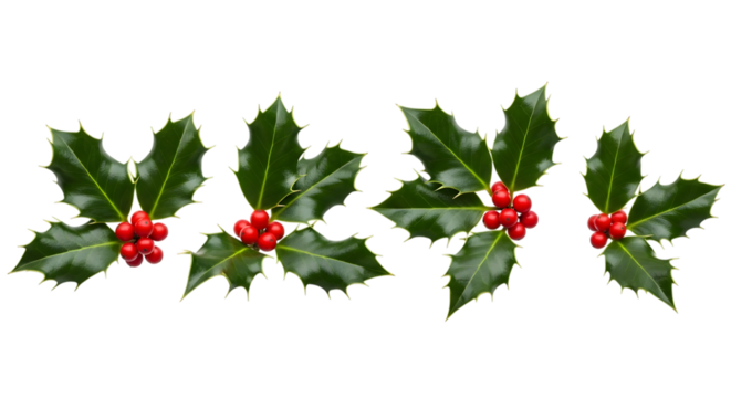 Sprigs of vibrant green holly leaves with bright red berries, a classic symbol of christmas, isolated on transparent background