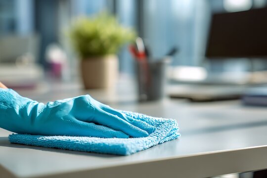 Hand in glove cleaning office desk surface