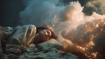 Beautiful woman peacefully sleeping on a bed of clouds illuminated by cosmic stardust and glowing embers, creating a serene and surreal dreamscape with a fantasy and mystical atmosphere - Powered by Adobe