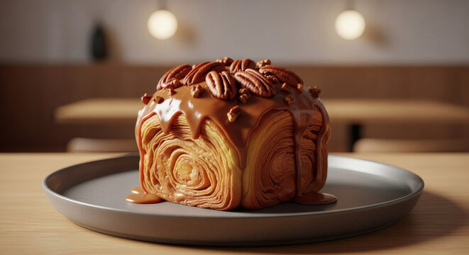 Decadent Laminated Pecan Roll Drenched in Thick, Glossy Caramel Glaze, Served on a Dark Plate in a Warm Cafe Setting with Bokeh Lights